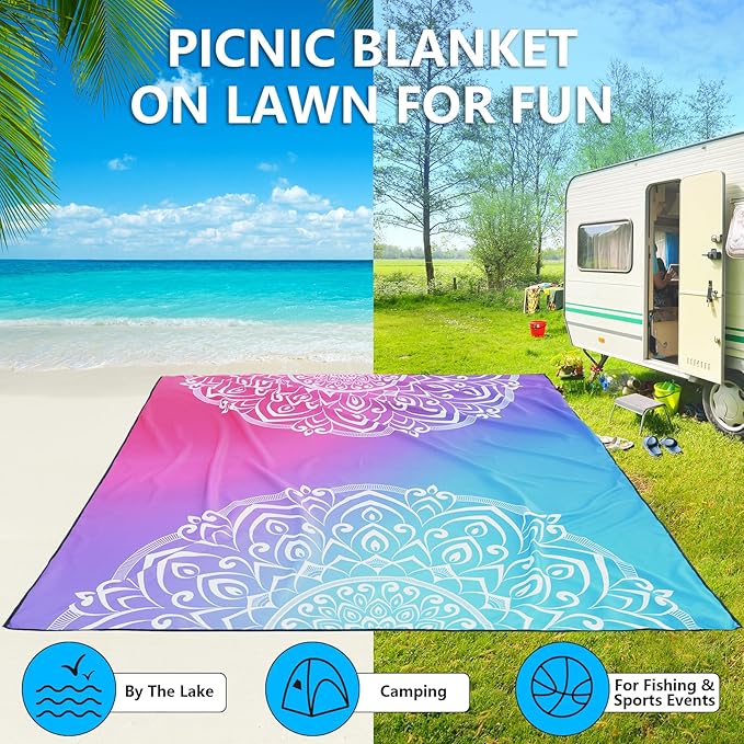 Beach Blanket Waterproof Sandproof Beach Mat 79" X 83"/10'x9'for 2-8 Adults Quick Drying Outdoor Picnic Mat Beach Accessories for Travel, Camping, Hiking