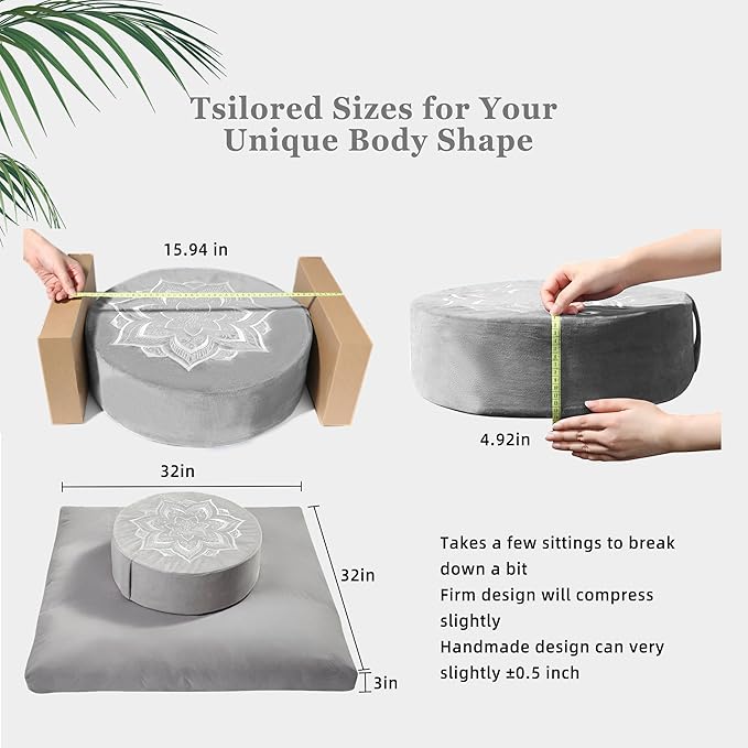 Meditation Zafu Cushion Set with Buckwheat Hulls & Memory Foam - Ergonomic Support for Yoga & Sitting - Removable Machine-Washable Luxury Velvet Cover - for Adults and Kids (Grey)