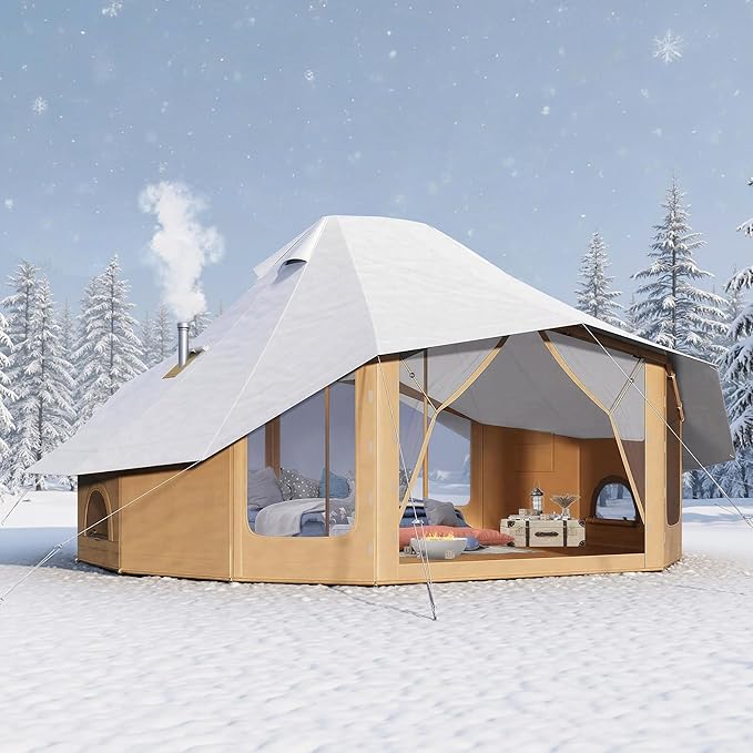 SPECRAFT Canvas Bell Yurt Tents & Inflatable Tent for Camping, Waterproof Glamping Tent with Stove Jack, Breathable Mesh, Snowproofing Spacious 4-Season Family Shelter for Outdoor, Camping, Parties