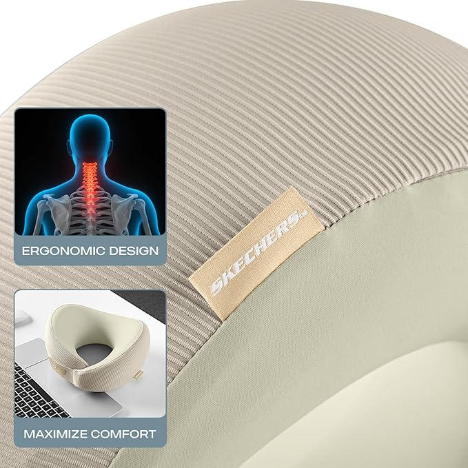 Skechers Memory Foam Neck Pillow, Comfortable & Breathable Travel Pillow, Neck Pillow Airplane for Travel, Car Rides, Home, and Office Use, Ergonomic Design for Men and Women,Beige