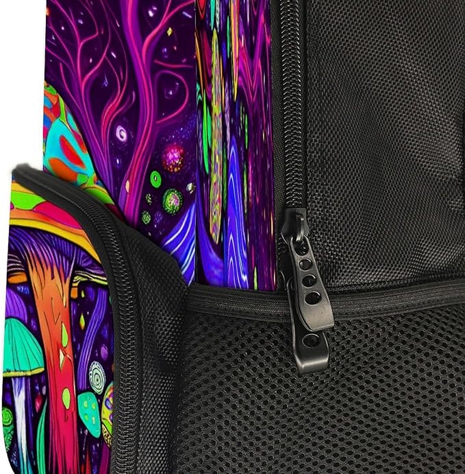 Polyester Daypack Backpack for Sports Travel Running, Big Capacity Anti-Theft Multipurpose Carry On Bag, Psychedelic Magic Mushrooms Trippy Art Laptop Book Bag Rucksack