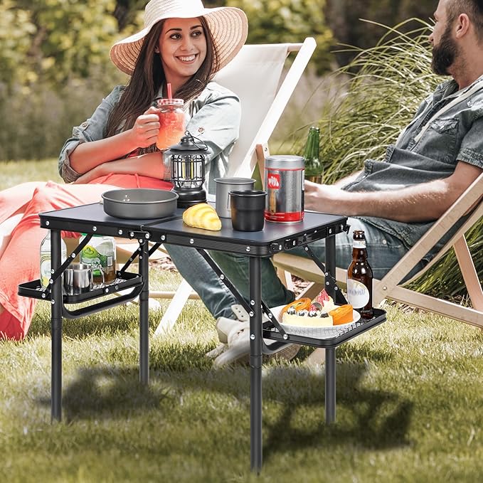 RedSwing Small Folding Table 2ft, Adjustable Height with Extra Space, Lightweight and Portable Aluminum Frame Camping Table for Outdoor Indoor Picnic, Black