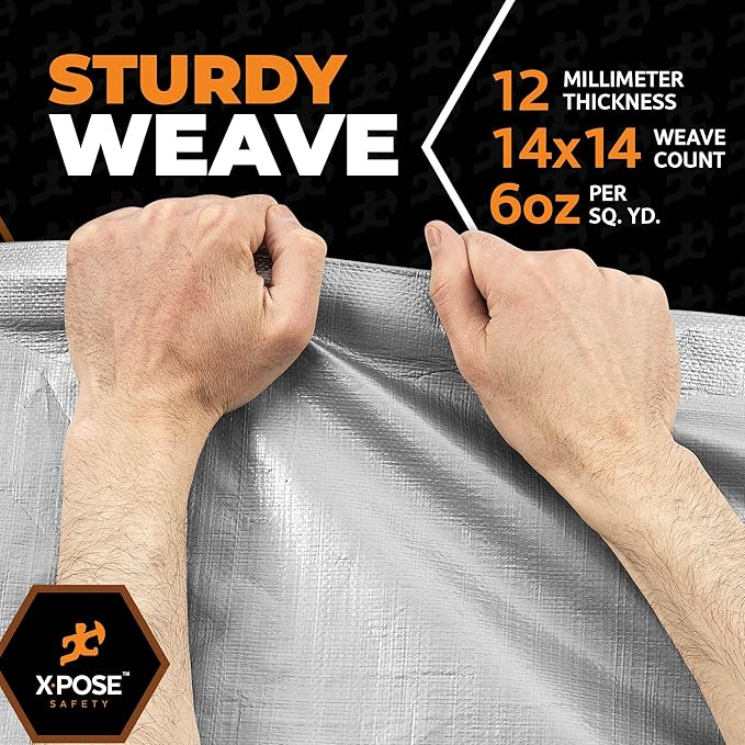 Heavy Duty Silver Poly Tarp 6' X 10' - Multipurpose Protective Cover - Durable, Waterproof, Weather Proof, Rip and Tear Resistant - Extra Thick 12 Mil Polyethylene - by Xpose Safety