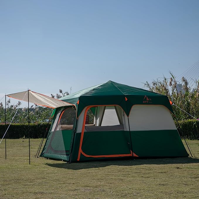 KTT Extra Large Tent 6-10-12-14 Person(Style-B),Family Cabin Tents,2 Rooms,3 Doors and 3 Windows with Mesh,Straight Wall,Waterproof,Double Layer,Big Tent for Outdoor,Picnic,Camping,Family Gathering