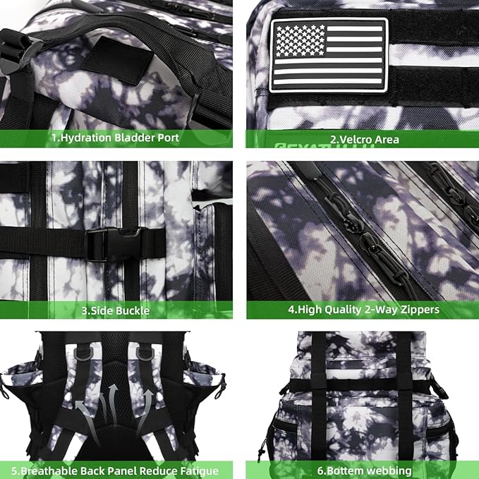 Military Tactical Backpack 55L for Men & Women Bug Out Bag Assault pack Molle Daypack Hiking Trekking Rucksack (Black and white tie dye)