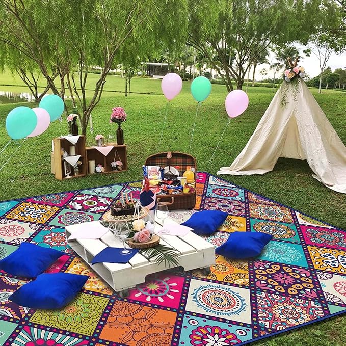 Waterproof Picnic Blankets Foldable & Portable 80''x80'' Boho Picnic Mat for Outdoors, Large Washable Picnic Blanket for Travel Camping Beach, Park Grass Picnic Blanket Accessories for Adults
