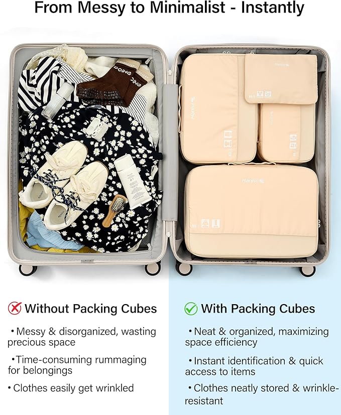 Hanke 7 Piece Expandable Compression Packing Cubes, Premium Travel Packing Organizers for Suitcases/Carry On, Luggage Organizer Bags with Breathable Mesh & Label,Off White