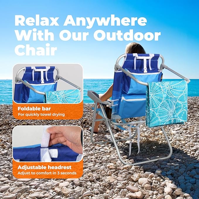 Tall Beach Chairs for Adults – 5-Position Reclining Backpack Chair with Large Insulated Cooler & Storage Pocket, Aluminum Frame, Portable for Travel & Outdoor, Supports 300lbs,Wave Blue,2 Pack