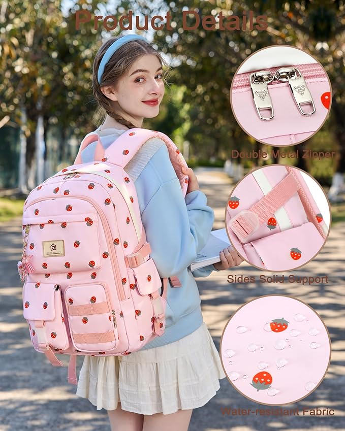 Laptop School Backpack for Teen Girls Women 15.6 Inch Cute College Backpacks Large Elementary Middle High School Bag Kids Student Strawberry Bookbag Anti Theft Travel Casual Daypack (Pink-Strawberry)