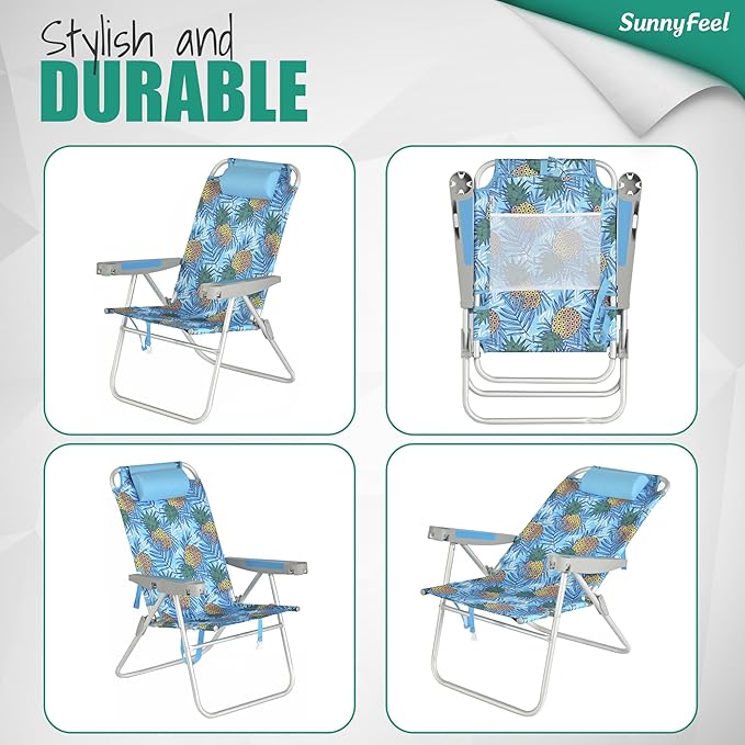 SUNNYFEEL 17" Tall Oversized Beach Chairs 2 Pack for Adults Heavy Duty 500 LBS, 5 Position, Portable High Folding Camping Chair with Cup Holder for Outdoor/Lawn/Trip, Foldable Sand Chairs for Adults