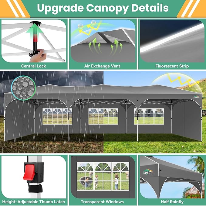 COBIZI 10x30 Pop Up Canopy Tent with 5 Removable Sidewalls, Easy Up Canopy 3 Adjustable Heights, Waterproof UPF 50+, Gazabo 10x30 Outdoor Tent for Garden Wedding Party with Roller Bag, Grey