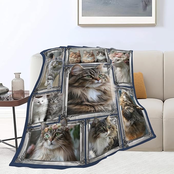 Maine Coon Cat Blanket Cute Kitten Throw Blankets Gifts for Girls Boys Kids Cat Lover Soft Cozy Fleece Plush for Couch Sofa Bed 50"x40"