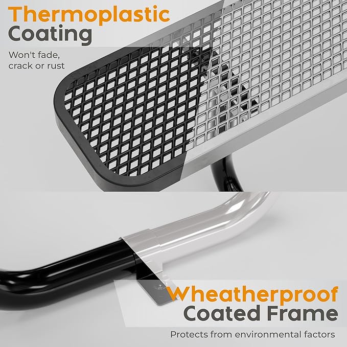 Metal Picnic Furniture for Outdoors with Umbrella Hole - Coated Steel Heavy Duty Commercial Grade Table with Adjustable Seats, Patio Set for a Lifetime (Black, 4' Rectangular)