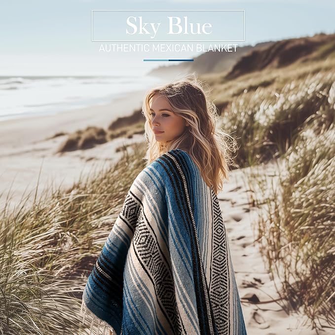Hydration Nation Authentic Extra Large Mexican Blanket (70"x50") - Handwoven Yoga, Serape- Artisanal Falsa, Beach, Camping, Picnic, Outdoor - Sky Blue