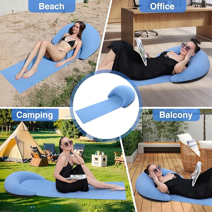 Beach mat with Inflatable Pillow, Portable mat, 70X30Inch (Blue)