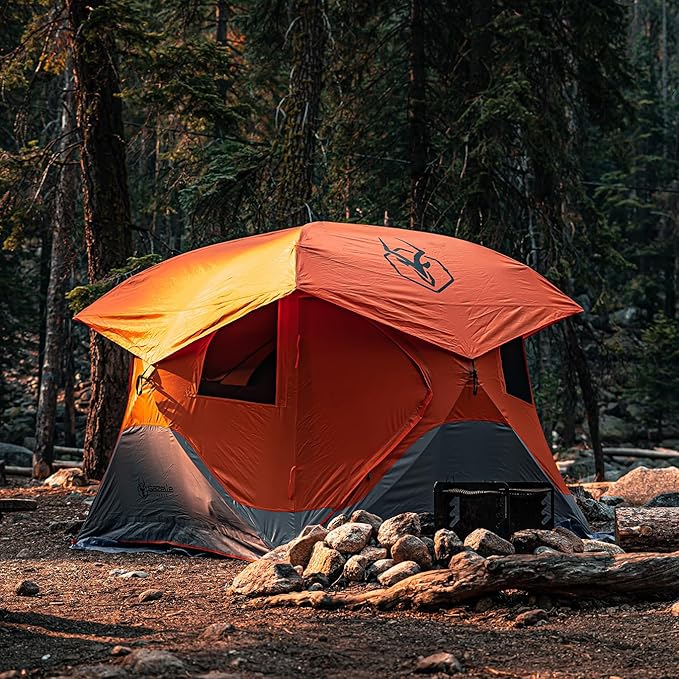 Gazelle T4 Waterproof 4 Person Portable Polyester Outdoor Pop Up Camping or Beach Tent with Removable Floor, Mesh Screens, and Rain Fly, Orange