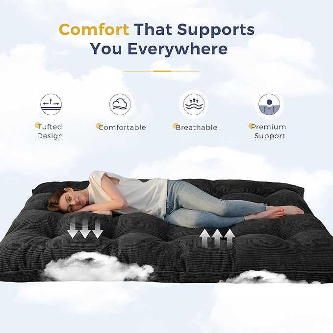 MAXYOYO 6" Japanese Floor Mattress, Foldable Futon Mattress Queen Size, Tufted Roll Up Floor Bed, Thick Tatami Mat Sleeping Pad Portable Lounger for Camping Guest Room Dormitory Bedroom RV, Black
