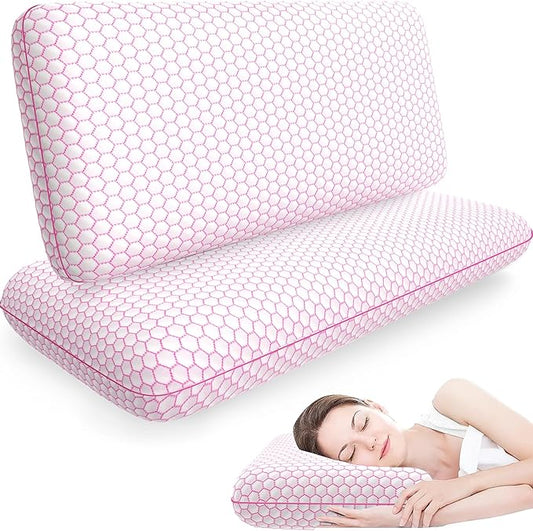 Memory Foam Pillows for Side, Back and Stomach Sleepers, Set of 2, Bed Pillow with Washable Cover and Breathable Mesh, Bed Pillow for Sleeping (Pink,King Size)