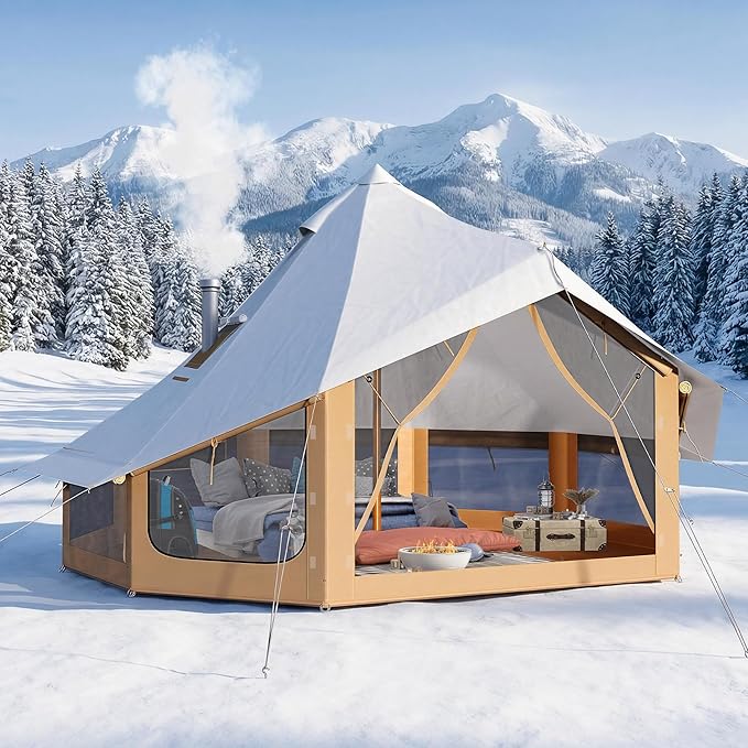SPECRAFT Canvas Bell Yurt Tents & Inflatable Tent for Camping, Waterproof Glamping Tent with Stove Jack, Breathable Mesh, Snowproofing Spacious 4-Season Family Shelter for Outdoor, Camping, Parties