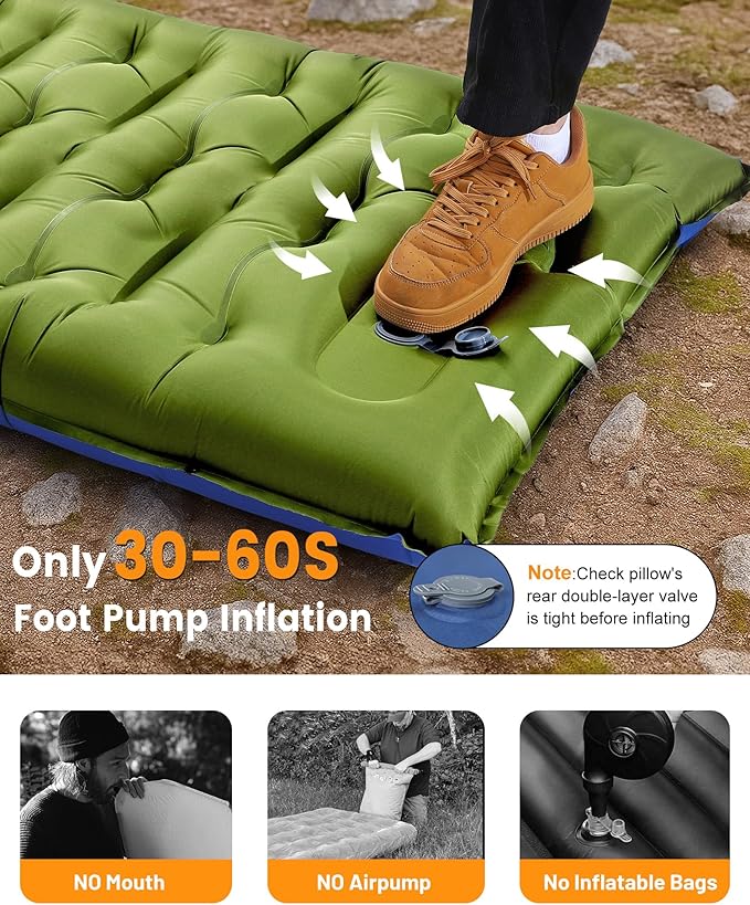 Camping Sleeping Pad,5.9 Inch Thick Camping Mat with Built in Pillow and Foot Pump,Self Inflating Sleeping Pad Ultralight for Camping Backpacking Tent(Green