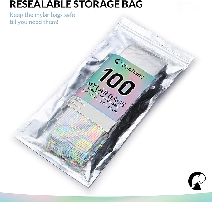 Mylar Bags with Zipper Seal 3.3 x 5.5" | 100 Bags | Rainbow Holographic | Sealable Heat Seal Bags for Candy and Food Packaging, Medications and Vitamins | For Liquid and Solids (3.3" x 5.5")
