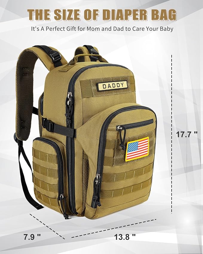 SHARKMOUTH Dad Diaper Bag Backpack - Military Baby Gear Backpacks with Daddy Patches Tan