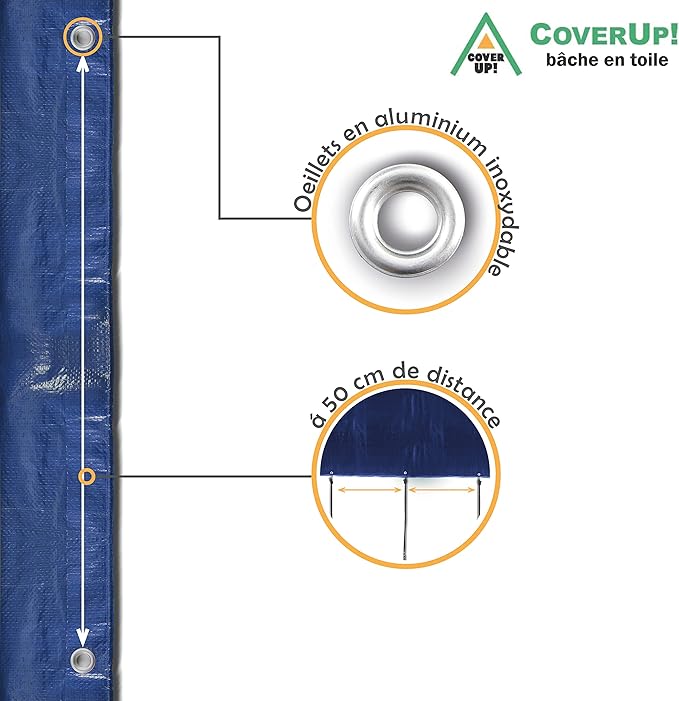CoverUp 13x16 Feet Tarp, 11 Mil Thick Heavy Duty Tarp Waterproof, 65 FT Rope for Fastening - UV-Resistant, Tear-Proof Cover with Grommets for Rain, Roof, RV, Camping, Pool, Outdoor Protection, Blue