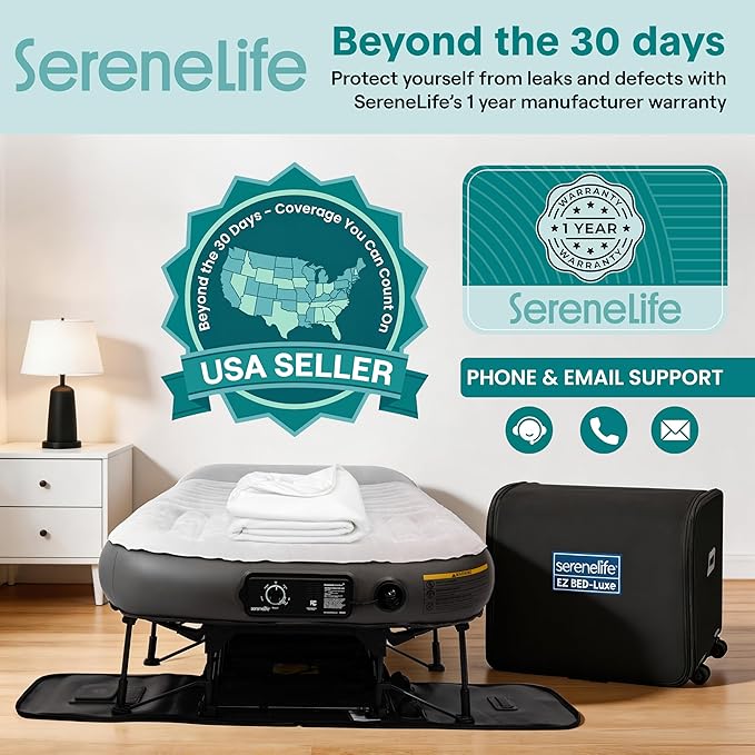 SereneLife (King) EZ Bed Luxe Air Mattress with Frame and Rolling Case - Luxury Series with Bonus Memory Foam Cover, Constant Comfort Pressure Maintaining Pump, Built-in Headrest, Wall Plug AC