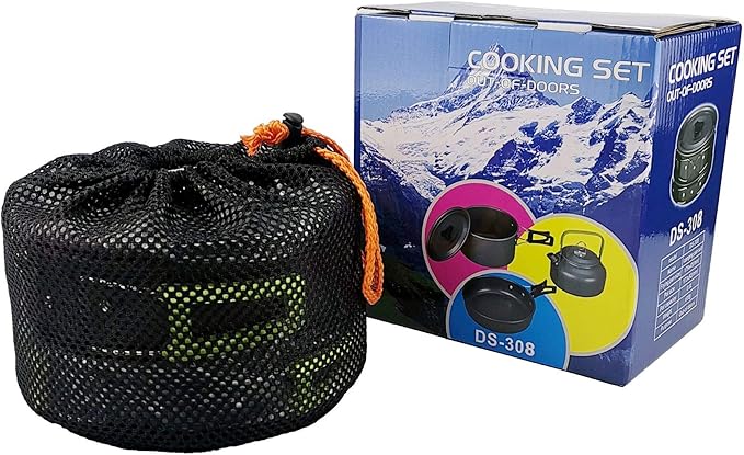 Peidesi Camping Cookware Mess Kit, Portable Camp Stove Pots and Pans Set, Carabiner, Folding Knife, Fork Spoon Kit, Carry Mesh Bag,Teapot for Backpacking, Outdoor Camping, Hiking and Picnic(16Pcs)