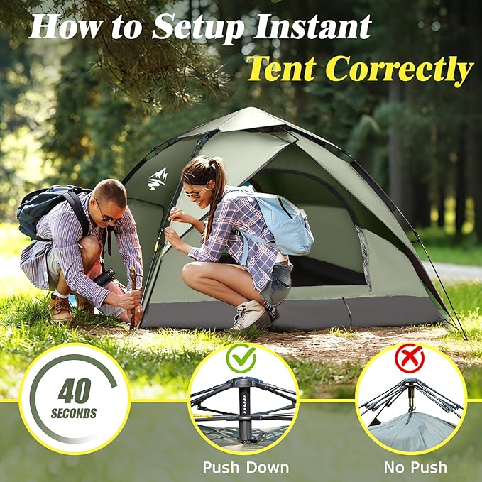 Camping Tent 2/3/4 Person Instant Pop Up Tents for Camping - 40s Automatic Easy Setup Tent with Rainfly, Double-Layer Waterproof & Windproof Instant Tents with Welcome Mat for Camping & Hiking