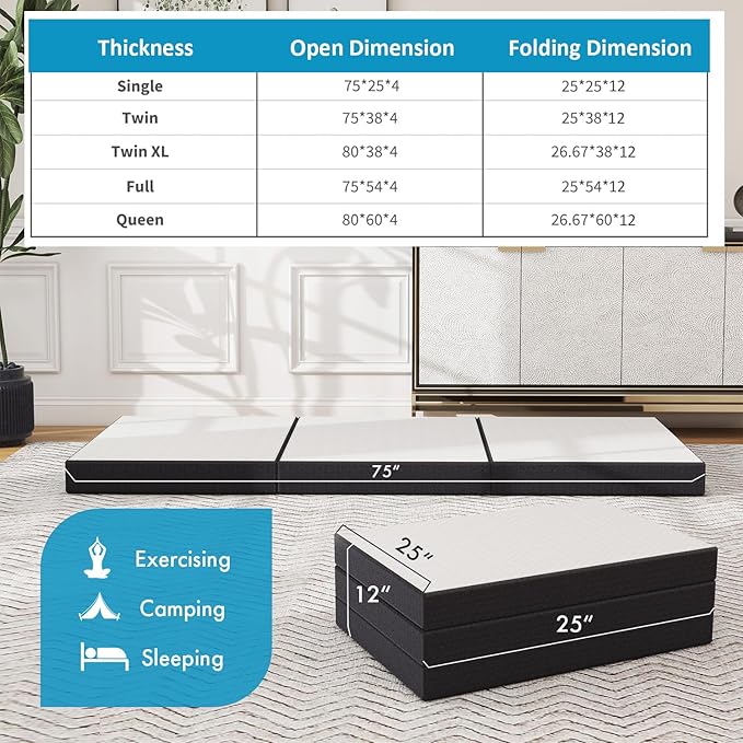 Folding Mattress, 4 inch Tri-Fold Memory Foam Mattress Topper for Camping, Foldable Guest Bed, Portable Travel Mat with Washable Cover, 75"×25"×4", White