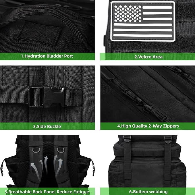 Military Tactical Backpack 55L for Men & Women Bug Out Bag Assault pack Molle Daypack Hiking Trekking Rucksack (Black)