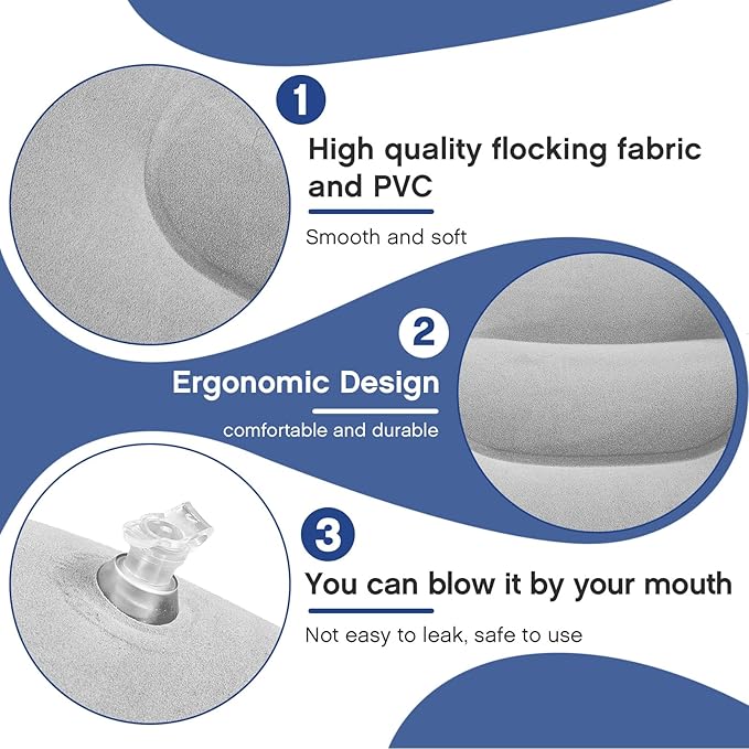 Maitys 5 Pieces Inflatable Travel Pillow Portable Compact Air Pillow Flocked Fabric Backpacking for Camping Hiking Home Office Sleeping Neck Head Lumbar Support(13.39 x 8.66 Inches,Gray)