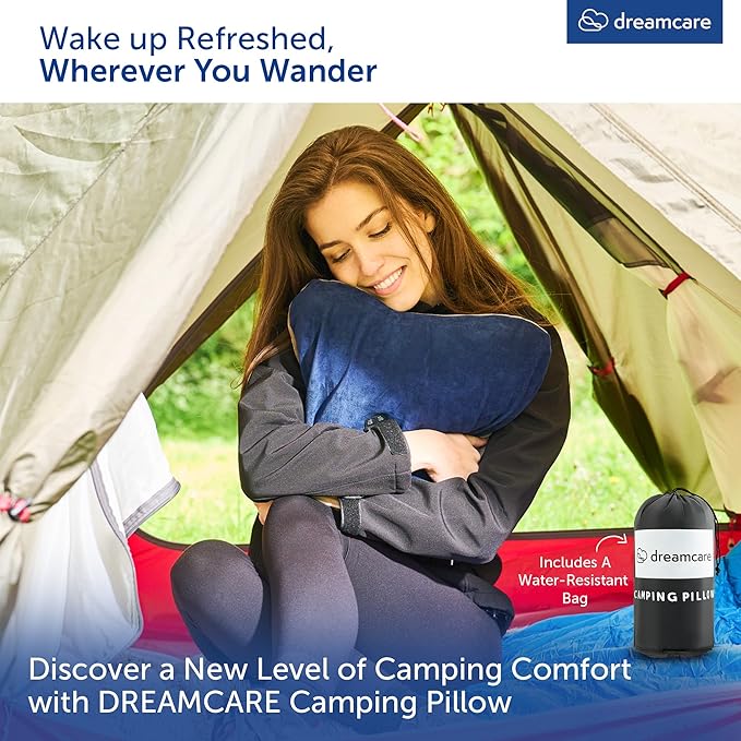 DREAMCARE Camping Pillow, Memory Foam Travel Pillow, Camping Accessories - Small Pillow Camping Essentials Camping Pillows for Sleeping, Backpacking Pillow, Travel Pillows for Sleeping (Medium,Blue)