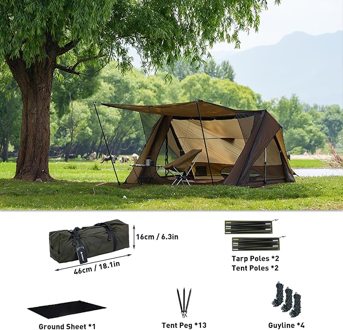 POMOLY Bushcraft Shelter Trekking Pole Tent 20D Nylon Ripstop, STOVEHUT Ultralight Backpacking Tent with Porch for Camping Hiking