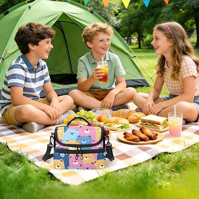 Double-Layer Lunch Bag Cartoon Bears Double Deck Cooler Bags with Detachable Shoulder Strap for Office Picnic Hiking Beach lonchera termo para comida Caliente