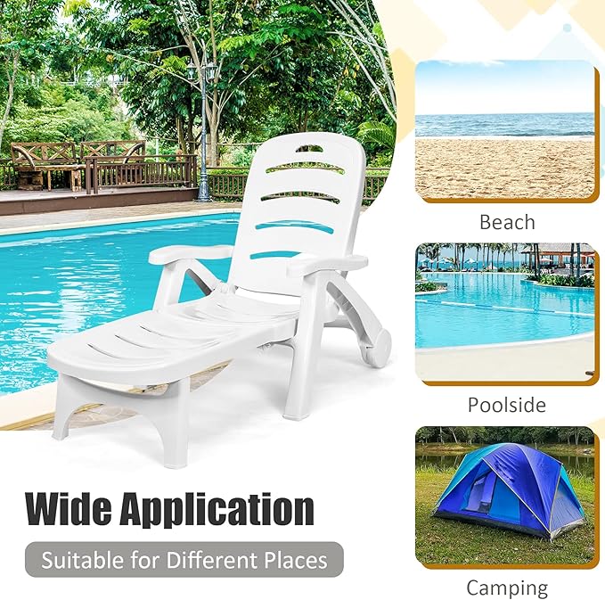 Tangkula Outdoor Chaise Lounge Chair, Adjustable 5-Position Recliner Chair with Built-in Wheels, Weather-Resistance Folding Lounge for Patio, Backyard, Poolside and Beach (1, White)