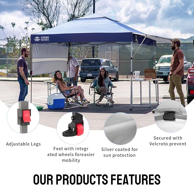 CROWN SHADES 10x10 Pop up Canopy Tent Patended Centerlock Instant Commercial Canopy with 150D Silver Coated Fabric Including 2 Extend Awnings, 4 Ropes, 8 Stakes, 4 Weight Bags, Navy Blue