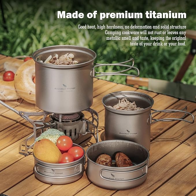iBasingo Backpacking Cookset Titanium Camping Pots Set Ultralight Outdoor Picnic Pots Pans with Folding Handle Druable Portable Cooking Mess Kit Compact Picnic Dishes Bowls Cups (Multiple Sizes)