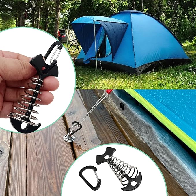 10 Pack Deck Anchors Pegs with Carabiners, Aluminum Rope Tent Tie Down Stakes Clips with Carabiners Outdoor Camping Accessoriness, Black