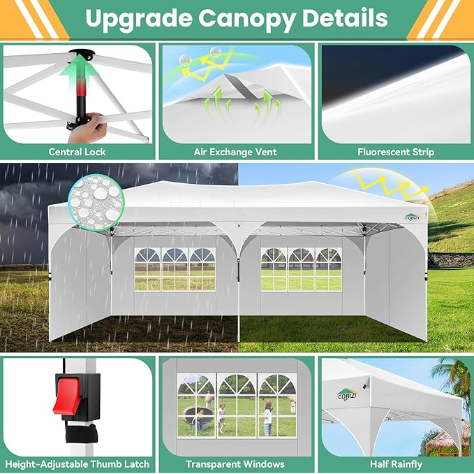 COBIZI 10x20 Pop Up Canopy Tent with 4 Sidewalls, Instant One-Push Setup, Commercial Canopy with Air Vent & Reflective Strip, UPF 50+ Waterproof Party Tent with Sandbags & Stakes for Events (White)