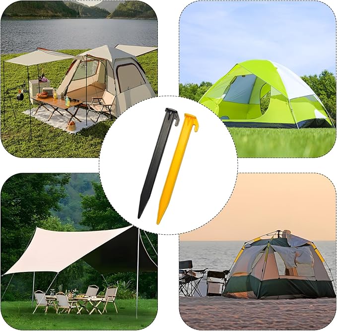 16 PCS 5.7 Inch Plastic Tent Stakes, Heavy Duty Serrated Edges Pegs for Outdoor Camping Lawn Beach Garden Canopy Anchoring and Decoration, Yellow and Black