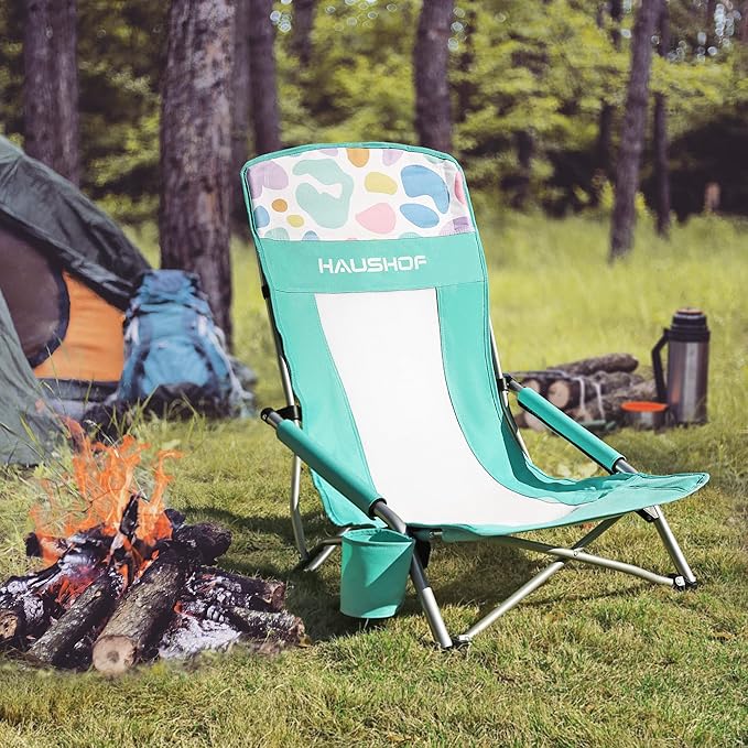 HAUSHOF High Back Beach Chair, Mesh Back Folding Chair, Lightweight Low Seat Camping Chairs with Cup Holder, Carry Bag, Padded Armrest for Outdoor Beach Lawn Camping Picnic Festival