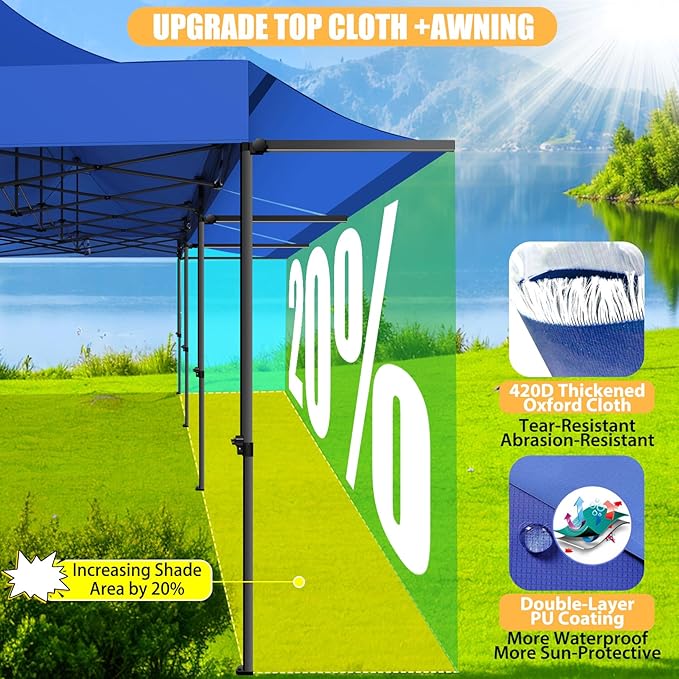 COBIZI 10x30 Pop Up Canopy Tent with Awning,Heavy Duty Canopy UPF 50+ All Season Wind Waterproof Commercial Outdoor Street Vendors Party Tents for Parties Canopy with Roller Bag(10 x 30 ft Blue)