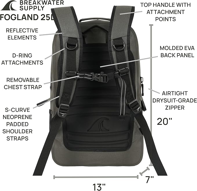 Breakwater Supply™ Fogland Waterproof IP68 Submersible Backpack with Airtight Zippers | Laptop Travel Outdoors | 25L 20L 15L | 100% Waterproof, Submersible, Airtight Zippers, Travel Outdoors