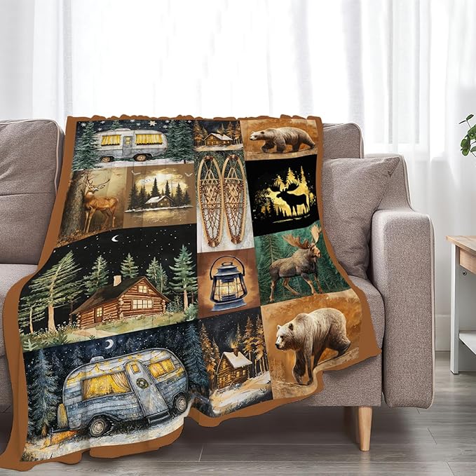 Camping Blanket Cabin Bear Deer Throw Blankets Gifts for Girls Boys Kids Camping Lover Soft Cozy Fleece Plush for Couch Sofa Bed 50"x40"