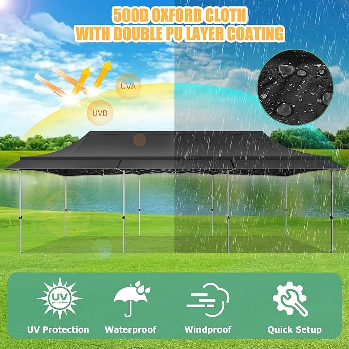 COBIZI 10x30 Pop Up Canopy Tent with Awning,Heavy Duty Canopy UPF 50+ All Season Wind Waterproof Commercial Outdoor Street Vendors Party Tents for Parties Gazebo with Roller Bag(10 x 30 ft Black)