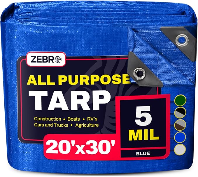 20' x 30' Blue Tarp with Grommets Reinforced - 5 Mil Thick - Durable UV Resistant Plastic Tarps Waterproof - Large Tarpaulin Cover for Outdoor Camping Over/Under Tent Tarp RV Roof Rain - Zebro