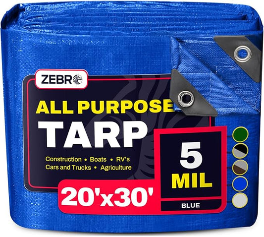 20' x 30' Blue Tarp with Grommets Reinforced - 5 Mil Thick - Durable UV Resistant Plastic Tarps Waterproof - Large Tarpaulin Cover for Outdoor Camping Over/Under Tent Tarp RV Roof Rain - Zebro