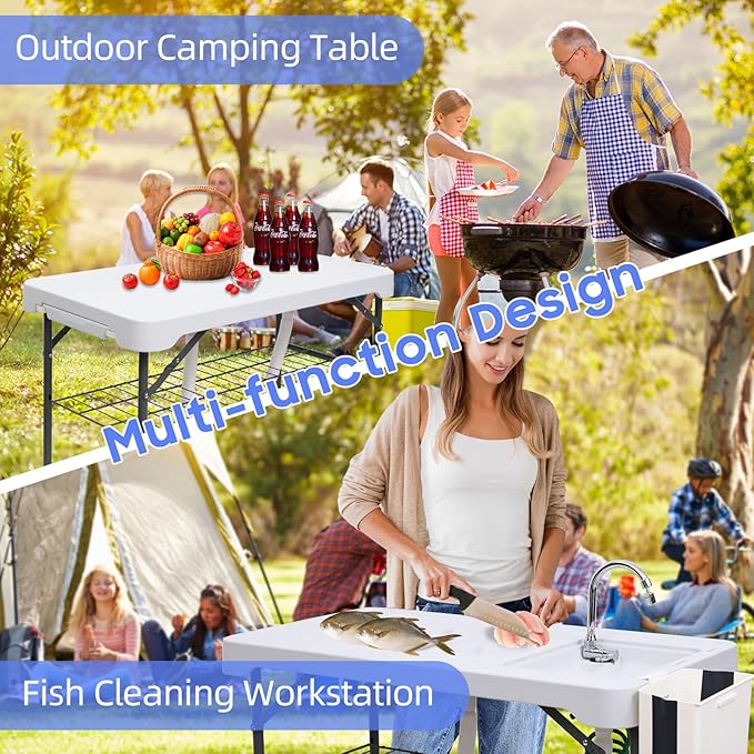 Nice C Fish Cleaning Table, Fish Cleaning Station with Sink, Fish Skinning Table, 42.5'' Camping Table, w/Dual Universal Faucet & Spray, Drainage Hoses, Grid Rack, Basket, Toolkit for Picnic, Camping